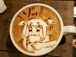  bkub_(style) cappuccino_(drink) coffee cup drink george_(yamamoto_kazuki) latte_art parody photo poptepipic popuko sidelocks solo style_parody teacup two_side_up unconventional_media 
