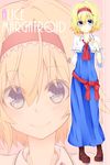  alice_margatroid ascot blonde_hair blue_eyes capelet character_name closed_mouth full_body hair_ornament hairband hairpin hand_on_own_chest solo touhou yuuki._(limit) 