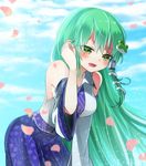  :d armpit_peek bare_shoulders blue_skirt blush breasts cherry_blossoms cloud cloudy_sky commentary_request cowboy_shot day detached_sleeves frog_hair_ornament fukurahagi_uomaru green_eyes green_hair hair_ornament hair_tubes hair_tucking japanese_clothes kochiya_sanae large_breasts leaning_forward long_hair looking_down looking_to_the_side miko open_mouth petals shirt sideboob skirt sky smile snake_hair_ornament solo sunlight touhou wide_sleeves 