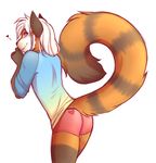  &lt;3 ambiguous_gender anthro blonde_hair blush boxers_(clothing) braided_hair brown_fur butt clothing curled_tail fur hair leaning leaning_forward lockworkorange lokkun long_hair looking_at_viewer looking_back mammal multicolored_fur purple_eyes raised_tail red_panda shirt side_view simple_background smile solo striped_tail stripes teasing underwear white_background white_fur 