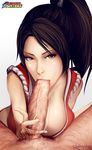  breasts brown_eyes brown_hair cherry-gig cleavage fatal_fury fellatio japanese_clothes large_breasts long_hair oral penis ponytail pov shiranui_mai simple_background solo_focus the_king_of_fighters veins veiny_penis white_background 