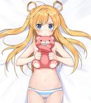  abukuma_(kantai_collection) ahoge bangs blonde_hair blue_eyes blush closed_mouth commentary_request covering covering_breasts frown hair_rings kantai_collection long_hair looking_at_viewer lying nanotaro navel on_back panties solo striped striped_panties stuffed_animal stuffed_toy teddy_bear topless twintails underwear underwear_only 