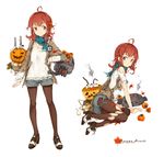  2016 ahoge alternate_costume arashi_(kantai_collection) arm_support autumn autumn_leaves basket black_legwear blouse blue_scarf boots brown_eyes cannon character_name collarbone copyright_name egg eyebrows eyebrows_visible_through_hair food fruit full_body hair_ornament hand_on_hip high_heel_boots high_heels highres jack-o'-lantern jacket kantai_collection leaf leaf_hair_ornament long_hair looking_at_viewer looking_to_the_side malachite maple_leaf multiple_views pantyhose persimmon red_hair scarf searchlight short_shorts shorts simple_background sitting smile smoke standing torn_clothes torn_legwear torpedo white_background yokozuwari 