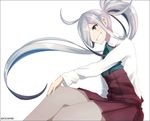  ahoge asashimo_(kantai_collection) ascot chromatic_aberration commentary_request dress grey_eyes grin hair_over_one_eye hand_on_own_knee kantai_collection kei-suwabe multicolored_hair pantyhose ponytail purple_hair school_uniform shirt sidelocks silver_hair sitting sketch sleeveless sleeveless_dress smile solo twitter_username white_background white_shirt 