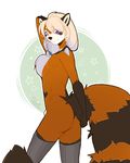  2016 animal_genitalia anthro big_tail blonde_hair braided_hair brown_fur butt clothing fully_sheathed fur girly gloves_(marking) hair legwear lokkun long_hair looking_at_viewer male mammal markings mostly_nude multicolored_fur multicolored_hair nipples purple_eyes red_panda sheath side_view silver_hair simple_background smile solo striped_tail stripes teil thigh_highs two_tone_hair whiskers white_background white_fur 