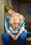  1boy abs areolae bag blush collarbone free! green_eyes green_hair indoors looking_at_viewer lush male_focus muscle nipples open_clothes open_shirt pecs shiny shiny_skin short_hair sitting smile solo undressing window 