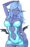  bat_wings blue_skin breasts demon_girl hand_on_hip highres large_breasts long_hair looking_at_viewer low_wings mimizu_(tokagex) navel o-ring o-ring_top original pointy_ears purple_eyes raised_eyebrows simple_background skindentation smile solo thighs white_background wings 