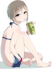  bad_perspective bangle barefoot bikini black_eyes blush bracelet breasts drinking_straw feet full_body grey_hair idolmaster idolmaster_cinderella_girls jewelry looking_at_viewer saki_chisuzu shiomi_shuuko short_hair sketch solo string_bikini swimsuit 