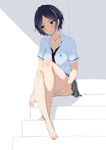  bangs barefoot black_hair blush breasts dress_shirt hayami_kanade idolmaster idolmaster_cinderella_girls jewelry medium_breasts necklace necktie parted_bangs saki_chisuzu school_uniform shirt short_hair short_sleeves sitting sitting_on_stairs sketch solo stairs yellow_eyes 