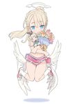  :3 alice_(grimms_notes) angel_wings birthday blade_(galaxist) blonde_hair blue_eyes blush braid character_doll cheerleader floating french_braid full_body grimms_notes halo liliana_hart long_hair open_mouth pleated_skirt pointy_ears ponytail pop-up_story skirt smile solo white_background wings 