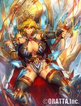  &gt;:) ass_visible_through_thighs bare_shoulders black_legwear black_panties blonde_hair breasts cape chloris_garden cleavage commentary_request crown detached_sleeves fur_trim greaves grin holding holding_sword holding_weapon large_breasts looking_at_viewer melon22 official_art original panties pantyshot pantyshot_(sitting) red_eyes sitting smile solo spread_legs sword thighhighs underwear v-shaped_eyebrows vambraces weapon 