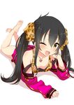  ;d animal_print barefoot black_hair blush downblouse feet full_body hair_ribbon heart heart_necklace idolmaster idolmaster_cinderella_girls jewelry legs_up leopard_print long_hair lying matoba_risa necklace on_stomach one_eye_closed open_mouth print_ribbon ribbon saki_chisuzu smile soles solo the_pose toes twintails yellow_eyes 