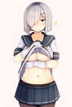  black_legwear blonde_hair blue_eyes blue_skirt breast_hold breasts closed_mouth collarbone cowboy_shot eyebrows eyebrows_visible_through_hair gloves hair_ornament hair_over_one_eye hairclip hamakaze_(kantai_collection) highres kantai_collection large_breasts lifted_by_self looking_at_viewer navel neckerchief pantyhose plan_(planhaplalan) pleated_skirt school_uniform serafuku shirt_lift short_hair short_sleeves silver_hair simple_background skirt sleeve_cuffs smile solo sparkle standing stomach underboob white_gloves 