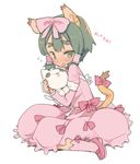  animal_ears blade_(galaxist) commentary_request dark_skin dress eyebrows fang full_body green_hair hannah_blaze mary_janes pop-up_story shoes solo stuffed_animal stuffed_cat stuffed_toy tail tiger_ears tiger_girl tiger_tail translation_request white_background 