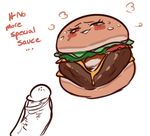  blush burger cum cum_inside dialogue english_text eyelashes female food food_creature humanoid_penis lightsource penis text what 