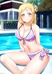  alternate_eye_color arms_behind_back artist_name bare_shoulders bikini blonde_hair blush braid breasts collarbone green_eyes hair_rings large_breasts long_hair looking_at_viewer love_live! love_live!_sunshine!! marshall_(wahooo) navel ohara_mari pool poolside purple_bikini short_hair side-tie_bikini sitting smile solo swimsuit 