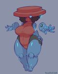  2016 anthro anthrofied big_breasts black_hair blue_eyes breasts camel_toe clothed clothing english_text female grey_background hair hat hi_res huge_breasts liveforthefunk looking_at_viewer multiple_hands nintendo pok&eacute;mon pok&eacute;morph probopass signature simple_background solo text thick_thighs video_games voluptuous wide_hips 