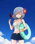  annin_musou bad_id bad_pixiv_id bangs blue_sky breasts candy_apple closed_eyes cloud day flower food front-tie_top grey_hair grin hair_flower hair_ornament hairclip hamakaze_(kantai_collection) highres holding holding_food innertube kantai_collection large_breasts midriff navel scrunchie shirt short_hair shorts sketch skewer sky smile solo squid tied_shirt wrist_scrunchie 