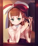  anne_(wixoss) bangs blunt_bangs blush bow braid braiding_hair brown_hair commentary_request frown green_eyes hair_bow hairdressing hakama highres japanese_clothes long_hair mirror mole mole_under_eye reflection shamonabe solo wide_sleeves wixoss 