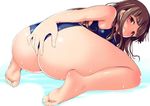  ass bangs barefoot bent_over blunt_bangs blush brown_hair feet idolmaster idolmaster_cinderella_girls kamiya_nao long_hair looking_back one-piece_swimsuit red_eyes saki_chisuzu solo swimsuit wet 