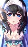  bikini bikini_under_clothes black_hair blue_eyes blurry blush breasts covered_nipples depth_of_field hairband highres idolmaster idolmaster_cinderella_girls jewel_(the_black_canvas) leaning_forward light_rays long_hair looking_at_viewer medium_breasts pov sagisawa_fumika solo_focus swimsuit water_drop wet wet_clothes 