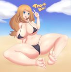  blue_eyes blush breasts brown_hair cleavage jcdr large_breasts looking_at_viewer micro_bikini pokemon serena_(pokemon) thick_thighs v 