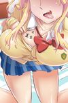  1girl bed blonde_hair blue_skirt blush body_writing bowtie breasts cleavage collared_shirt gyaru-ko highres huge_breasts large_breasts light-skinned open_mouth oshiete!_galko-chan pov saliva school_uniform skirt solo sweat tally_marks thighs tongue wavy_hair 