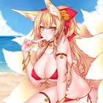  :3 animal_ears arm_support arm_up armlet bangs bare_shoulders beach bell bikini black_cat blonde_hair blue_sky blush bow bracelet breasts bursting_breasts cat cleavage cloud collar collarbone commentary covered_nipples day dripping eating eyebrows eyebrows_visible_through_hair eyelashes eyeliner eyeshadow fingernails food food_in_mouth fox_ears fox_girl fox_tail hair_between_eyes hair_bow halterneck horizon jewelry jingle_bell large_breasts leaning_forward lips long_fingernails long_hair looking_at_viewer makeup multiple_tails nail_polish o-ring o-ring_bikini o-ring_bottom o-ring_top ocean original outdoors pink_nails ponytail popsicle red_bikini seiza shiny shiny_skin side-tie_bikini sidelocks sitting skindentation sky slit_pupils solo stomach string_bikini suzuneko_(yume_no_kyoukai) sweat swimsuit tail thigh_strap thighs twitter_username updo yellow_eyes 