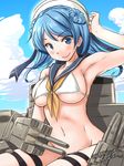  2016 armpits bikini blue_eyes blue_hair blush breasts dated double_bun eyebrows eyebrows_visible_through_hair hat kantai_collection looking_at_viewer medium_breasts navel rigging sailor_collar short_hair smile solo swimsuit tatsumi_ray twitter_username urakaze_(kantai_collection) white_bikini white_hat 