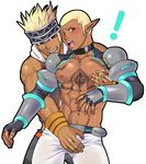  2boys abs bara blonde_hair character_request crotch grope headband male_focus multiple_boys muscle nipples pecs pointy_ears smile tagme tattoo tokisige yaoi 