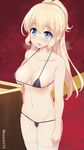  bangs bare_arms bare_shoulders batsu bikini blonde_hair blue_eyes blush breasts hair_intakes highres long_hair medium_breasts micro_bikini navel open_mouth regalia_the_three_sacred_stars solo sweatdrop swimsuit thighhighs white_legwear yuinshiel_asteria 