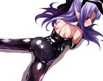  ass bow hair_bow latex len long_hair lying melty_blood on_stomach pointy_ears purple_eyes red_eyes shimejinameko shoulder_blades simple_background skin_tight solo spread_legs tsukihime white_background 