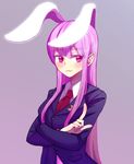  :3 alison_(alison_air_lines) animal_ears blazer blue_jacket bunny_ears crescent crescent_moon_pin extra_ears grey_background hair_between_eyes highres index_finger_raised jacket long_hair long_sleeves looking_at_viewer necktie pink_hair red_eyes red_neckwear reisen_udongein_inaba smile smug solo touhou upper_body wing_collar 