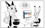  anthro beverage canid canine clothed clothing coffee computer dialogue disney duo english_text female fox fur judy_hopps lagomorph male mammal mistermead nick_wilde police_uniform rabbit simple_background sitting speech_bubble text uniform white_background zootopia 