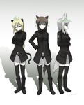  :x animal_ears black_coat black_footwear black_gloves black_legwear black_panties blonde_hair boots breasts brown_hair cat_ears cat_tail check_commentary closed_mouth commentary commentary_request crossed_arms dog_ears dog_tail emblem eyebrows eyebrows_visible_through_hair ghost_in_the_shell ghost_in_the_shell_lineup ghost_in_the_shell_stand_alone_complex glasses gloves green_eyes hand_on_hip hand_on_own_chest head_tilt head_wings heidimarie_w_schnaufer heinrike_prinzessin_zu_sayn-wittgenstein helmina_lent highres hirschgeweih_antennas large_breasts long_hair long_sleeves makaze_(t-junction) military military_uniform multiple_girls noble_witches panties parody purple_eyes red_eyes shadow simple_background tail thighhighs underwear uniform white_background white_hair white_panties world_witches_series 