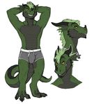  2013 3_toes anthro black_scales boxers_(clothing) bulge claws clothed clothing cubi digital_media_(artwork) digitigrade dragon ear_fins fin green_hair green_scales grin hair hands_behind_head hi_res horn male model_sheet multicolored_scales orange_eyes scales scalie simple_background smile solo spikes standing teeth tharis toe_claws toes topless two_tone_scales underwear white_background 