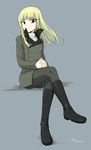  :x bags_under_eyes bangs black_footwear black_legwear blonde_hair blue_background blunt_bangs boots crossed_legs eyebrows eyebrows_visible_through_hair green_coat grete_m_gollob hands_clasped highres long_hair long_sleeves looking_at_viewer makaze_(t-junction) military military_uniform own_hands_together pantyhose popped_collar raised_eyebrows red_eyes signature simple_background sitting solo turtleneck uniform wind world_witches_series 