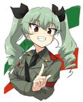  :d anchovy anzio_military_uniform black_ribbon black_shirt blush commentary_request crossed_arms dress_shirt drill_hair eyebrows eyebrows_visible_through_hair fang girls_und_panzer green_hair grey_jacket hair_between_eyes hair_ornament hair_ribbon head_tilt highres jacket long_hair long_sleeves makaze_(t-junction) military military_uniform necktie open_mouth pointing pointing_up red_eyes ribbon shirt shoulder_belt simple_background smile solo twin_drills twintails uniform upper_body 