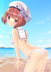  absurdres ass bad_anatomy beach bikini blue_sky blush bow breasts brown_eyes character_name closed_mouth clothes_writing cloud condensation_trail cowboy_shot day from_side hat hat_bow highres horizon kantai_collection leaning_forward looking_at_viewer ocean outdoors sailor_bikini sailor_collar sailor_hat short_hair side-tie_bikini signature sky small_breasts smiley_face solo string_bikini striped striped_bow swimsuit water white_bikini white_hat yuuzaki z3_max_schultz_(kantai_collection) 