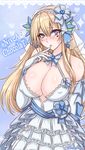  :o bare_shoulders blonde_hair blue_bow blue_eyes blue_neckwear blue_ribbon blush bow bowtie breasts bridal_veil character_name cleavage commentary_request covered_nipples criss-cross_halter dress elbow_gloves finger_to_mouth flying_sweatdrops gloves hair_ornament hair_ribbon hairband halterneck heart heart_background heart_tattoo highres large_breasts lolita_hairband long_hair looking_at_viewer nose_blush original ribbon shiny shiny_skin sidelocks solo suzuneko_(yume_no_kyoukai) sweat tattoo twitter_username upper_body veil wedding_dress white_dress white_gloves 