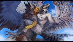  2015 ambiguous_penetration anthro areola avery_(ozawk) avian beak bird black_feathers blue_sky breasts brown_feathers cloud digital_media_(artwork) digital_painting_(artwork) dragon duo eastern_dragon egyptian_vulture erection eyes_closed feathered_wings feathers female horn kwaza_(ozawk) leg_grab male male/female multicolored_feathers nipples non-mammal_breasts nude oouna osprey outside penetration penis sex sky stand_and_carry_position standing talons two_tone_feathers vulture whiskers white_feathers wings 