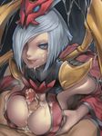  blood_moon_elise blue_eyes breast_squeeze breasts censored cum cum_on_body cum_on_breasts cum_on_upper_body elise_(league_of_legends) facial hair_ornament hair_over_one_eye hetero highres insect_girl kumiko_shiba large_breasts league_of_legends licking_lips mosaic_censoring nose paizuri penis silver_hair slit_pupils solo_focus spider_girl tongue tongue_out 