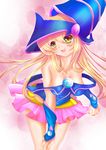  1girl absurdres armor artist_request blonde_hair blush blush_stickers breasts cleavage collarbone dark_magician_girl green_eyes hearts long_hair medium_breasts open_mouth pendant pink_background pose skirt smile witch_hat wizard_hat yu-gi-oh! 
