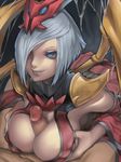  blood_moon_elise blue_eyes breast_squeeze breasts censored elise_(league_of_legends) fang hair_ornament hair_over_one_eye hetero highres insect_girl kumiko_shiba large_breasts league_of_legends mosaic_censoring nose paizuri penis silver_hair slit_pupils spider_girl 