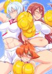  3girls abs ahoge aq_interactive arcana_heart arcana_heart_3 belly bifidus blue_background blush breasts brown_hair cheerleader clarice_di_lanza elsa_la_conti examu eyes_closed folded_ponytail frown grin highres large_breasts long_hair multiple_girls open_mouth orange_hair plump pointy_ears pom_poms short_hair skirt smile thick_thighs very_long_hair white_hair zenia_valov 