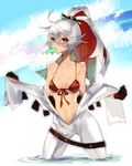  bare_shoulders bikini gloves guilty_gear guilty_gear_xrd jack-o'_valentine long_hair multicolored_hair navel oro_(sumakaita) red_eyes red_hair solo swimsuit two-tone_hair undressing white_hair 