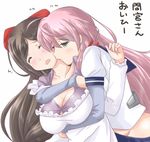  akashi_(kantai_collection) blush breasts brown_hair cleavage closed_eyes commentary_request face_licking hair_ribbon hip_vent jack_(slaintheva) kantai_collection kappougi large_breasts licking long_hair mamiya_(kantai_collection) multiple_girls open_mouth pink_hair ribbon simple_background translated white_background yuri 