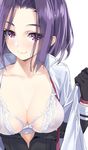  :3 bangs black_gloves blush bra breasts cleavage gloves kantai_collection lace lace-trimmed_bra lace_bra looking_at_viewer medium_breasts open_clothes open_shirt parted_bangs purple_eyes purple_hair shirt smile solo tatsuta_(kantai_collection) underwear white_bra yahako 