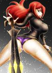  1girl ass black_dress breasts dress erect_nipples from_behind hair_over_one_eye large_breasts leaning leaning_forward long_hair looking_at_viewer looking_down numb panties parasoul_(skullgirls) parted_lips purple_panties red_hair shiny shiny_clothes shiny_hair shiny_skin short_dress skin_tight skullgirls solo umbrella underwear yellow_eyes 