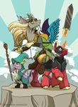  2016 archer armor big_macintosh_(mlp) bow_(weapon) clothing costume discord_(mlp) draconequus dragon dungeon equine friendship_is_magic group horn inuhoshi-to-darkpen magic_user male mammal my_little_pony ranged_weapon spike_(mlp) unicorn warrior weapon 